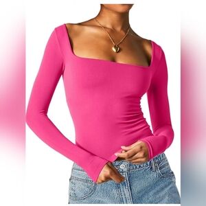 Pink long sleeve square neck slim fit women's Junior medium Crop shirt